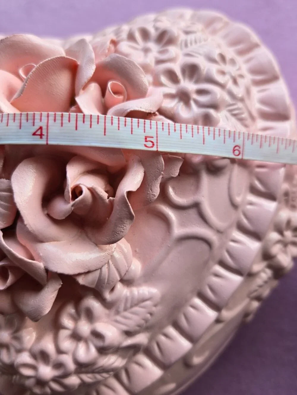 Vintage Pink Ceramic Rose Heart-Shaped Trinket Box Romantic Cottagecore
